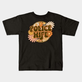 Police Wife Retro Groovy Floral Leopard Kids T-Shirt